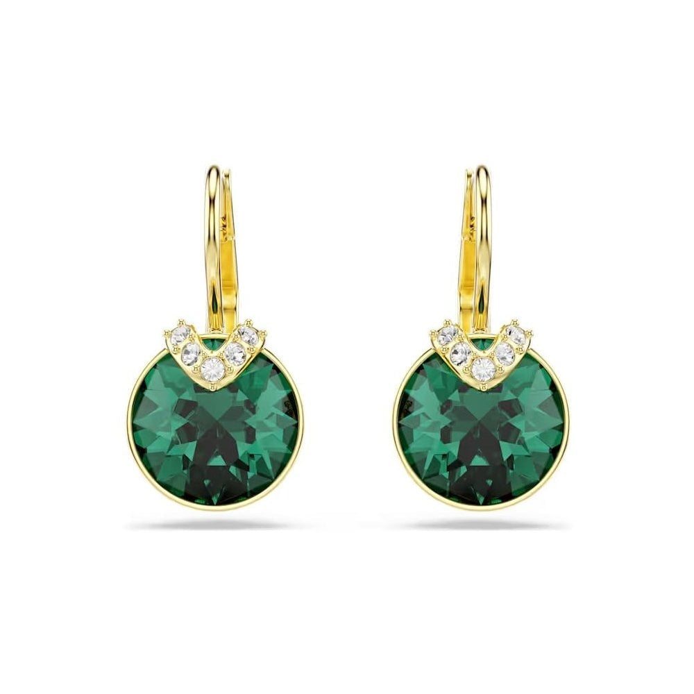 Bella V drop earrings Round cut, Green, Gold-tone plated