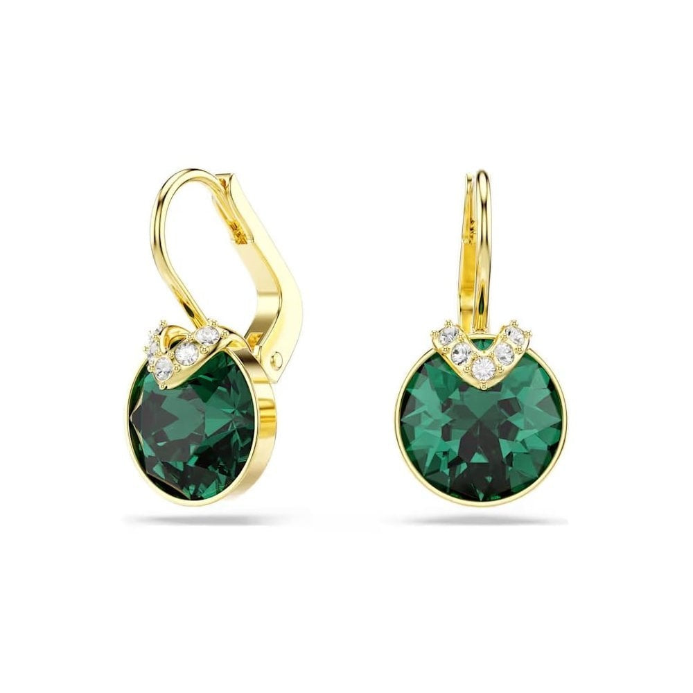 Bella V drop earrings Round cut, Green, Gold-tone plated