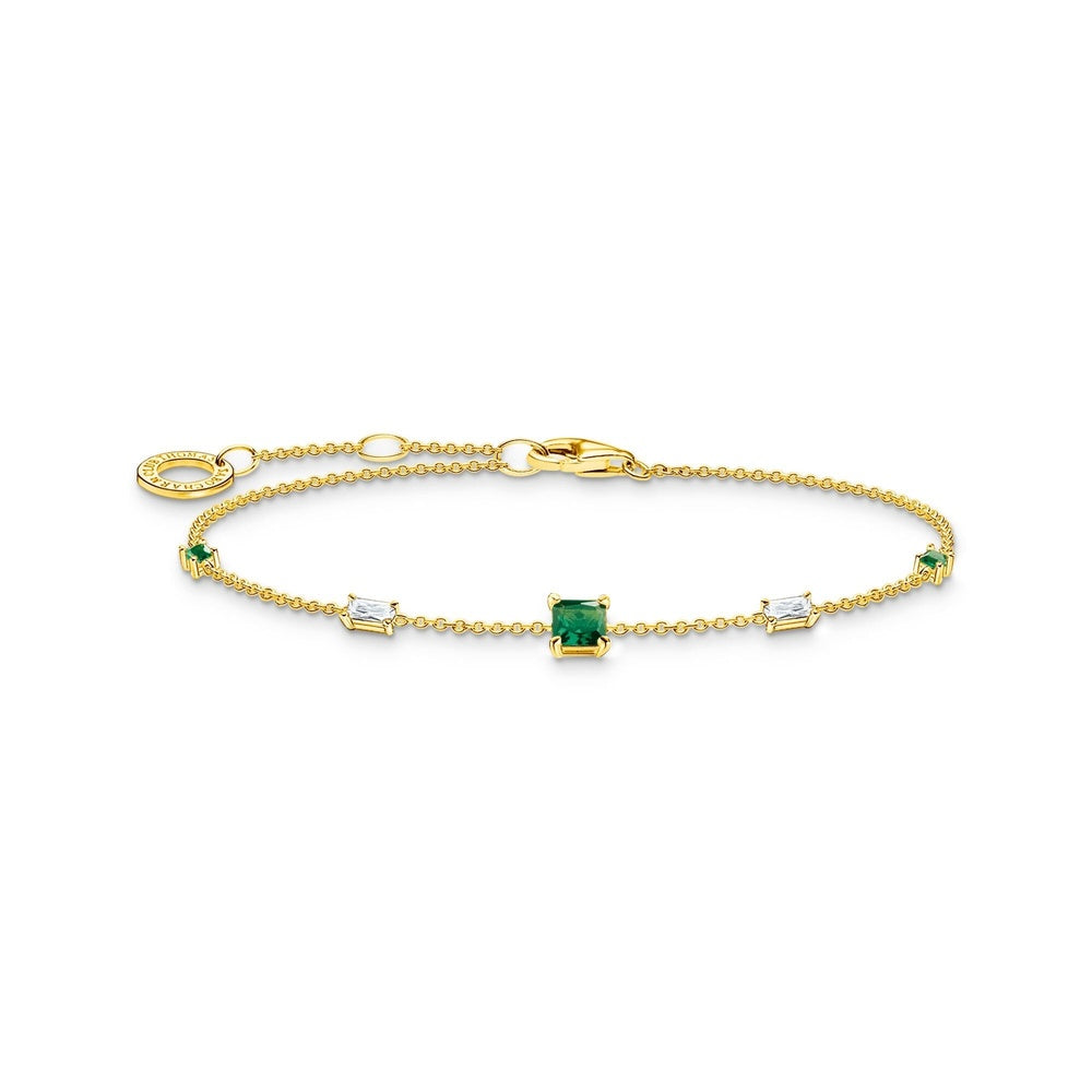 Bracelet with green & white stones, 18k yellow gold plating, 925 Sterling silver