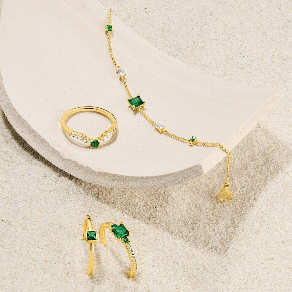 Bracelet with green & white stones, 18k yellow gold plating, 925 Sterling silver