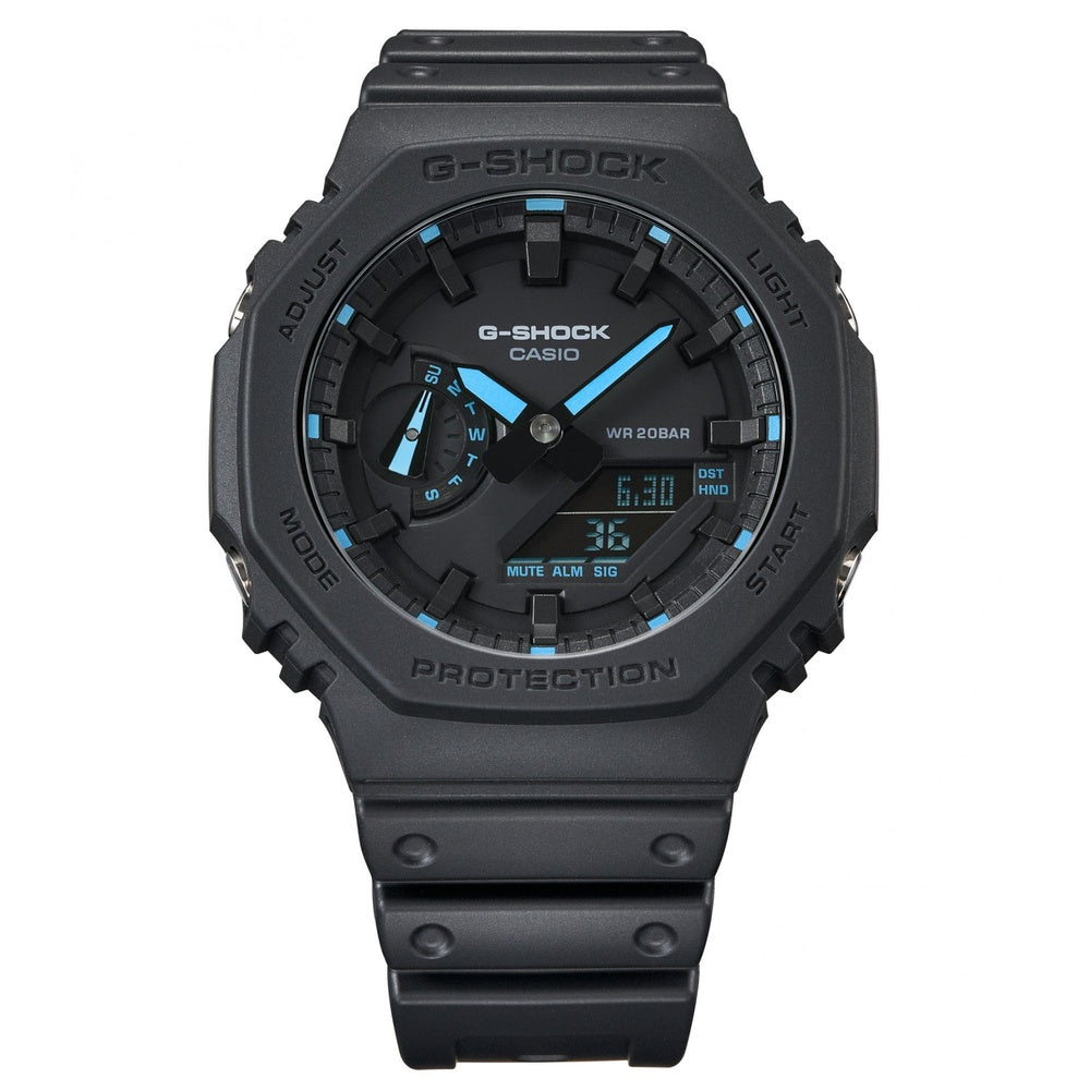 CASIO G SHOCK BLACK RUBBER ANALOGUE MAIN DISPLAY WITH DIGITAL MINI DISPLAY MULTIFUNCTION AND BLUE DETAILING GENTS WATCH 