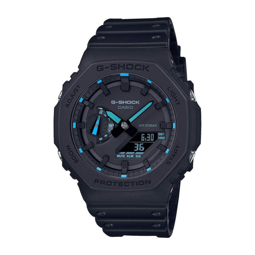 CASIO G SHOCK BLACK RUBBER ANALOGUE MAIN DISPLAY WITH DIGITAL MINI DISPLAY MULTIFUNCTION AND BLUE DETAILING GENTS WATCH 