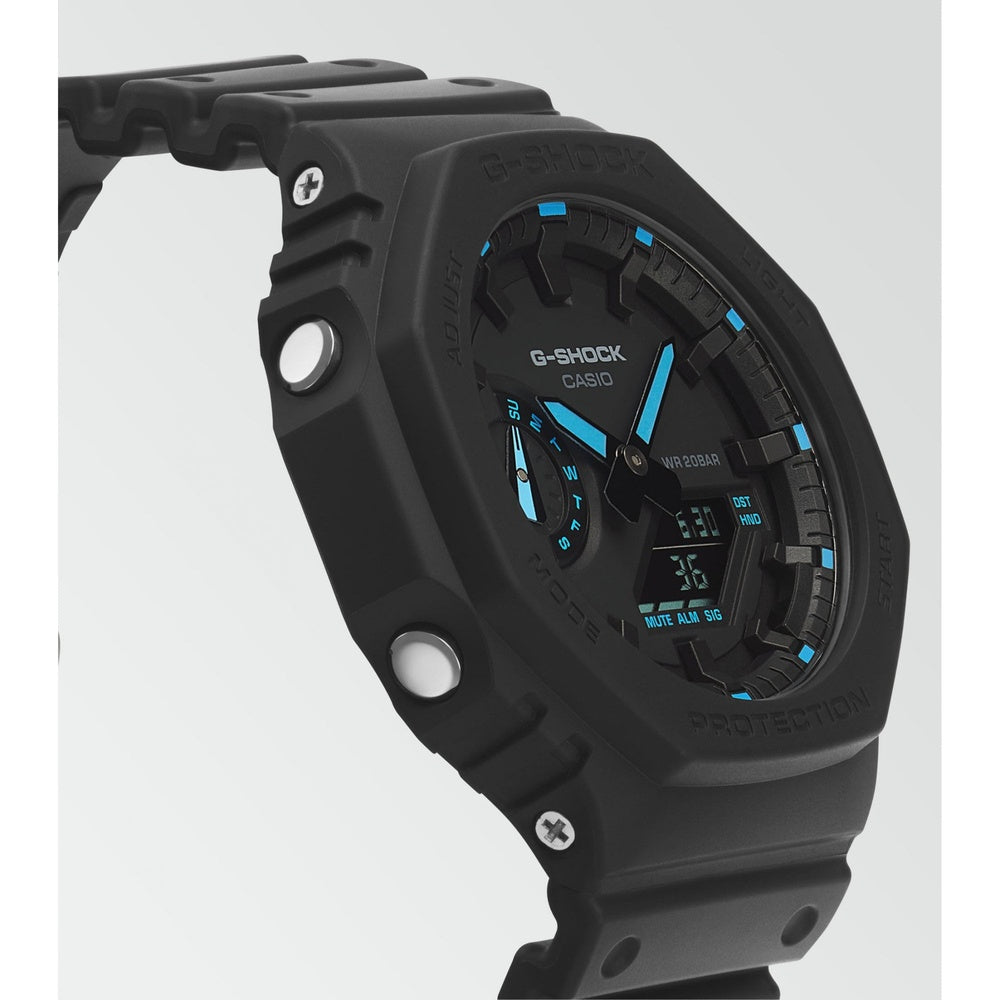 CASIO G SHOCK BLACK RUBBER ANALOGUE MAIN DISPLAY WITH DIGITAL MINI DISPLAY MULTIFUNCTION AND BLUE DETAILING GENTS WATCH 