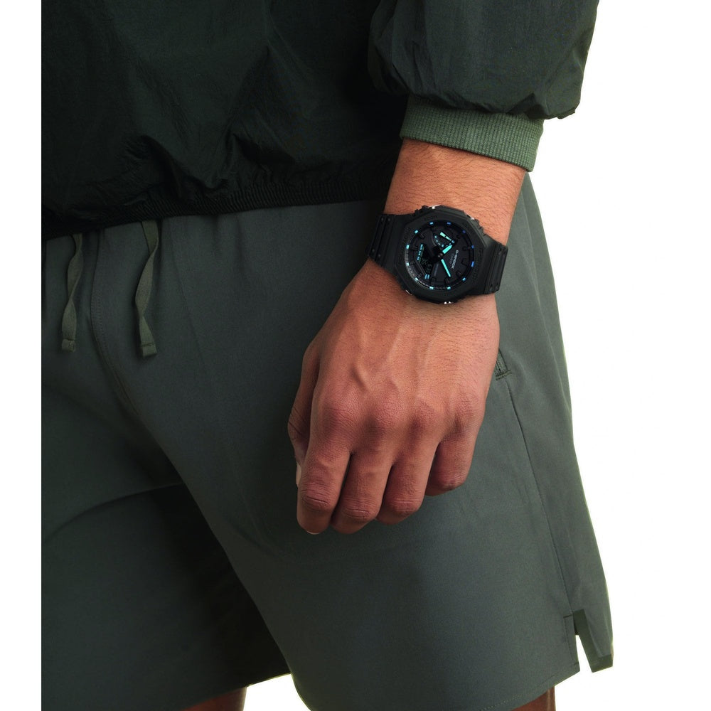 CASIO G SHOCK BLACK RUBBER ANALOGUE MAIN DISPLAY WITH DIGITAL MINI DISPLAY MULTIFUNCTION AND BLUE DETAILING GENTS WATCH 
