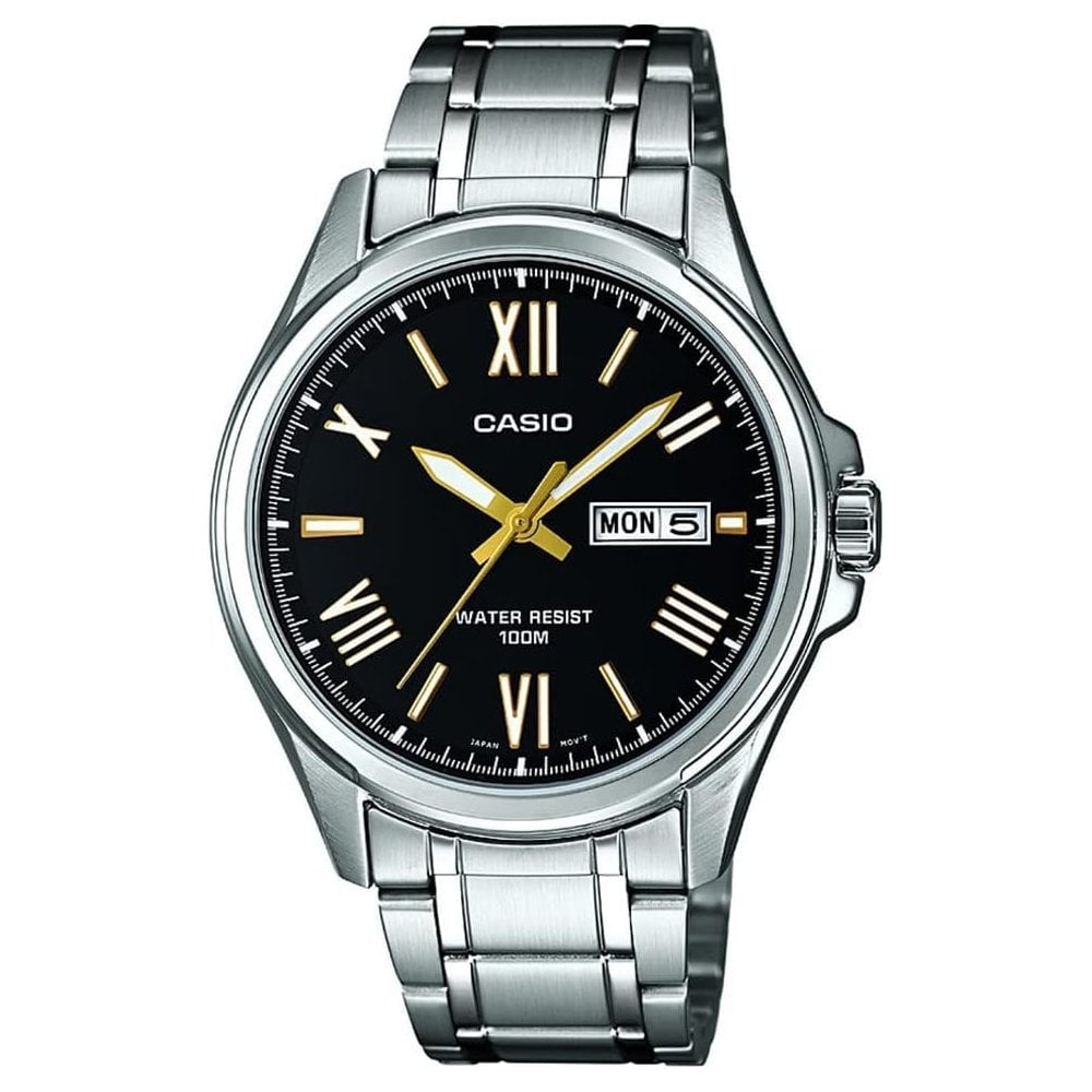 CASIO GENTS COLLECTION SILVER AND BLACK DIAL STAINLESS STEEL QUARTZ WATCH