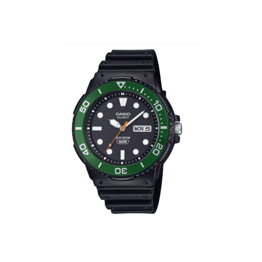 CASIO VINTAGE BLACK DIAL/GREEN BEZEL BLACK RESIN STRAP WATCH