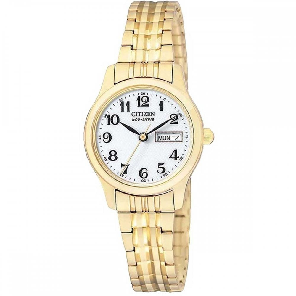 CITIZEN LADIES GOLD EXPANDING BRACELET WATCH WITH WHITE DIAL & DAY/DATE FEATURE