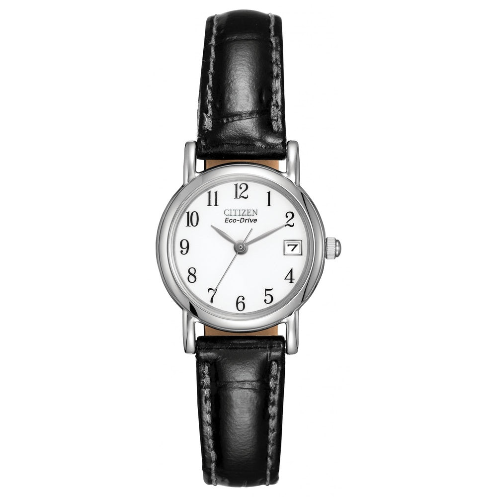 CITIZEN WOMEN####S "ECO-DRIVE" STAINLESS STEEL AND BLACK LEATHER STRAP WATCH