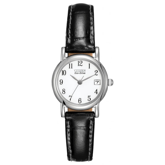 CITIZEN WOMEN####S "ECO-DRIVE" STAINLESS STEEL AND BLACK LEATHER STRAP WATCH