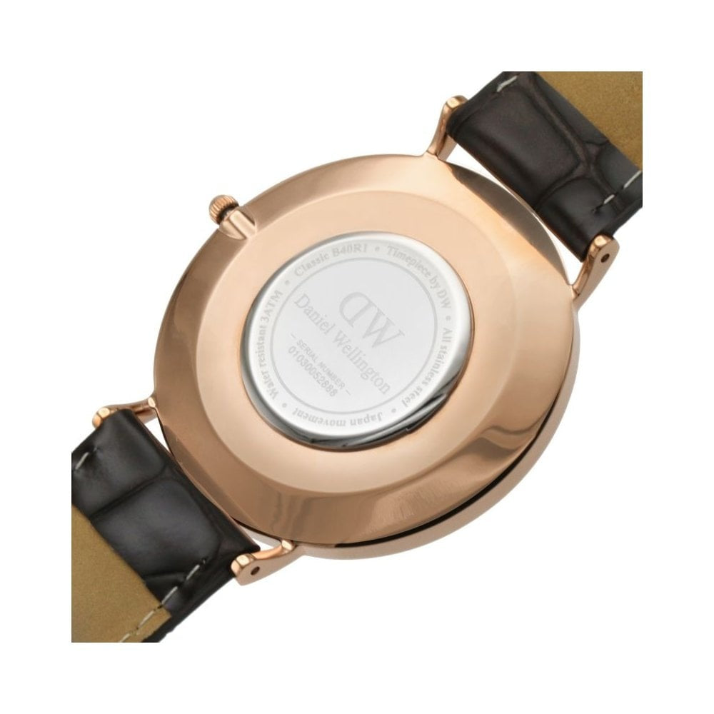 CLASSIC 40MM YORK ROSE GOLD STAINLESS STEEL WATCH WITH BLACK LEATHER STRAP
