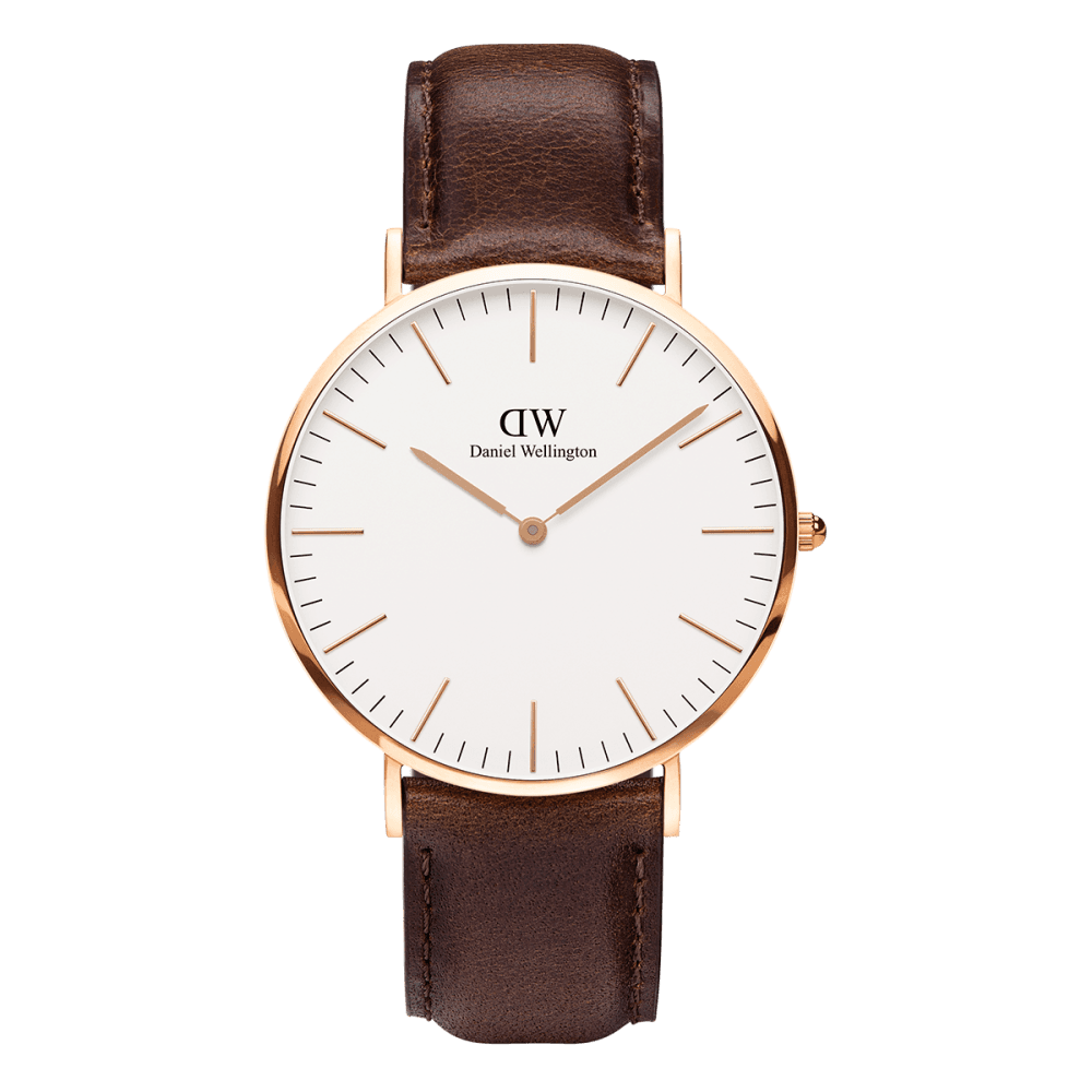 CLASSIC BRISTOL ROSE GOLD STAINLESS STEEL WATCH WITH BROWN LEATHER STRAP & WHITE DIAL
