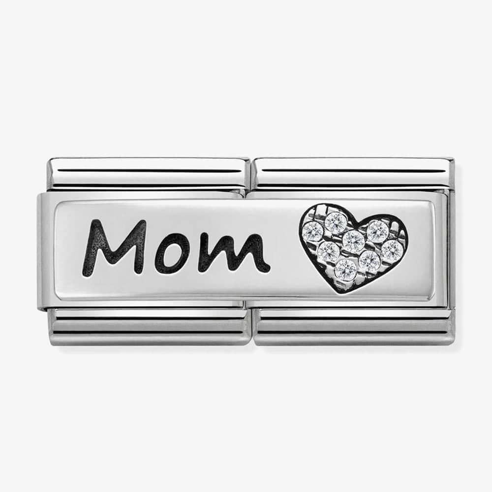 CLASSIC DOUBLE PLATE CHARM WITH MOM IN WRITING & HEART WITH ZIRCONIA