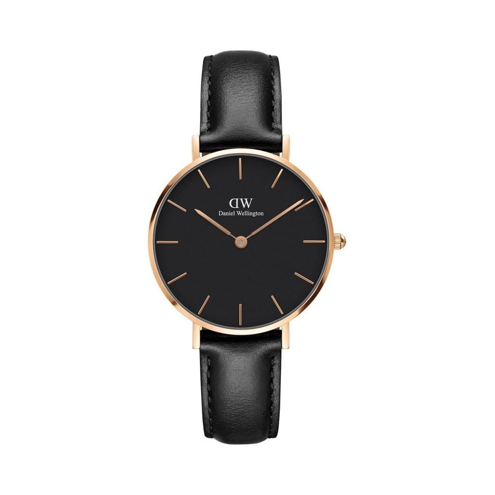 CLASSIC PETITE SHEFFIELD 32MM UNISEX ROSE GOLD STAINLESS STEEL WATCH WITH BLACK LEATHER STRAP & BLACK DIAL
