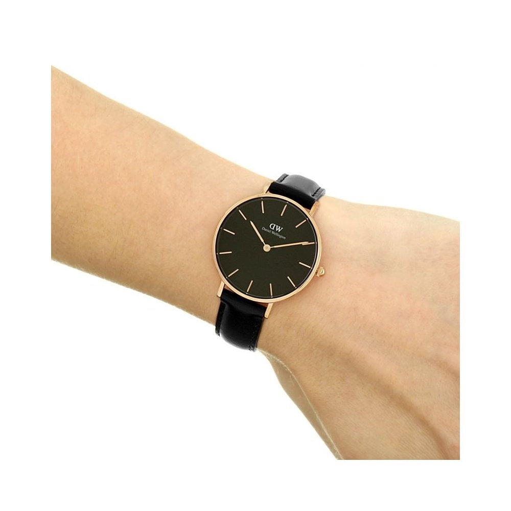 CLASSIC PETITE SHEFFIELD 32MM UNISEX ROSE GOLD STAINLESS STEEL WATCH WITH BLACK LEATHER STRAP & BLACK DIAL