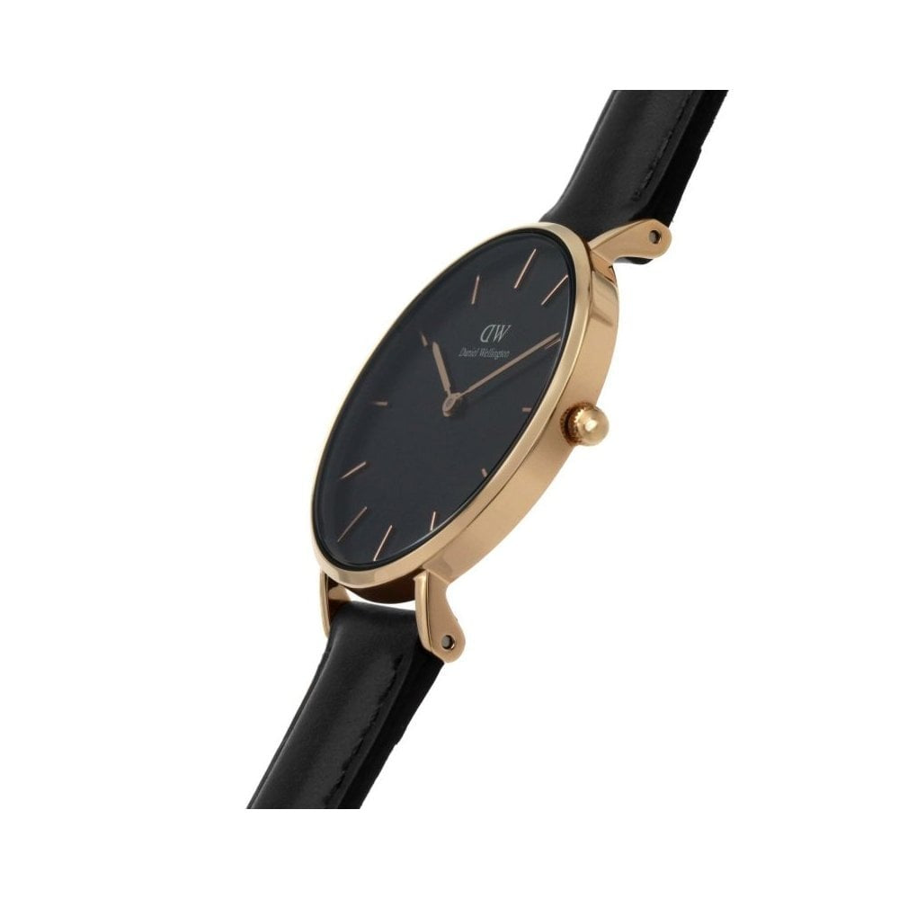 CLASSIC PETITE SHEFFIELD 32MM UNISEX ROSE GOLD STAINLESS STEEL WATCH WITH BLACK LEATHER STRAP & BLACK DIAL