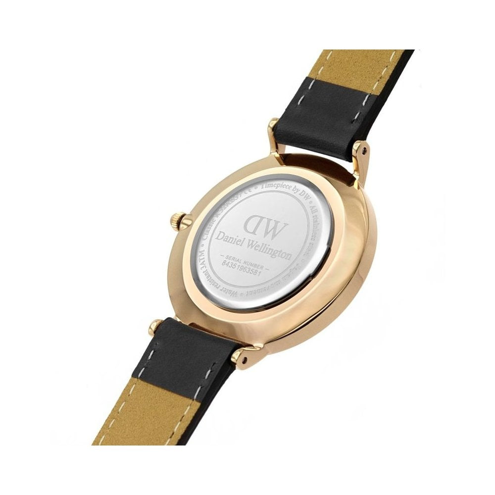 CLASSIC PETITE SHEFFIELD 32MM UNISEX ROSE GOLD STAINLESS STEEL WATCH WITH BLACK LEATHER STRAP & BLACK DIAL