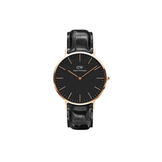 CLASSIC READING ROSE GOLD STAINLESS STEEL WATCH WITH BLACK LEATHER STRAP & BLACK DIAL