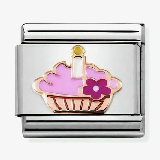 CLASSIC ROSE GOLD CUPCAKE CHARM WITH PINK ENAMEL & CANDLE & FLOWER