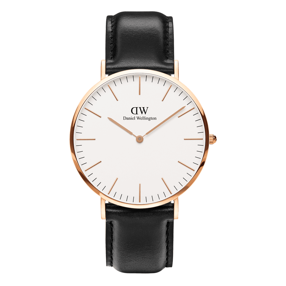 CLASSIC SHEFFIELD ROSE GOLD STAINLESS STEEL WATCH WITH BLACK LEATHER STRAP AND WHITE DIAL