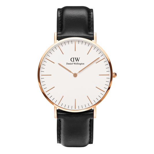 CLASSIC SHEFFIELD ROSE GOLD STAINLESS STEEL WATCH WITH BLACK LEATHER STRAP AND WHITE DIAL