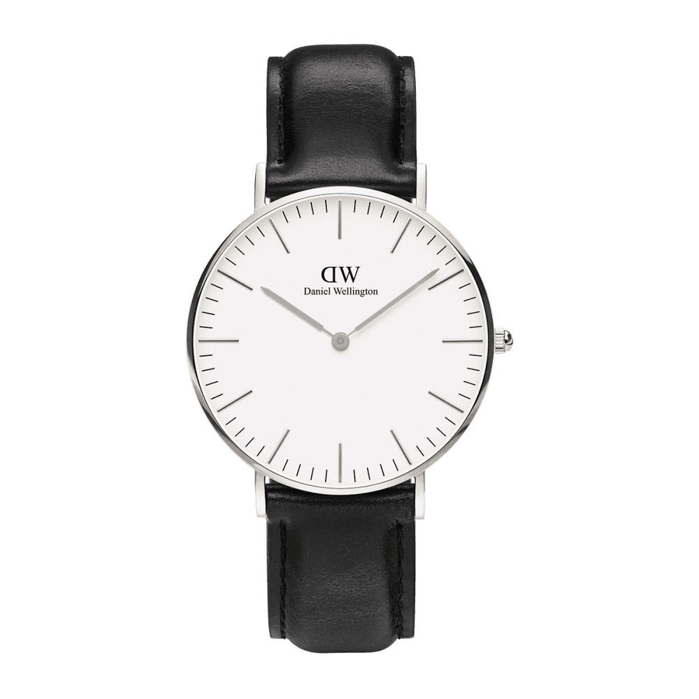 CLASSIC SHEFFIELD STAINLESS STEEL WATCH WITH BLACK LEATHER STRAP AND WHITE DIAL