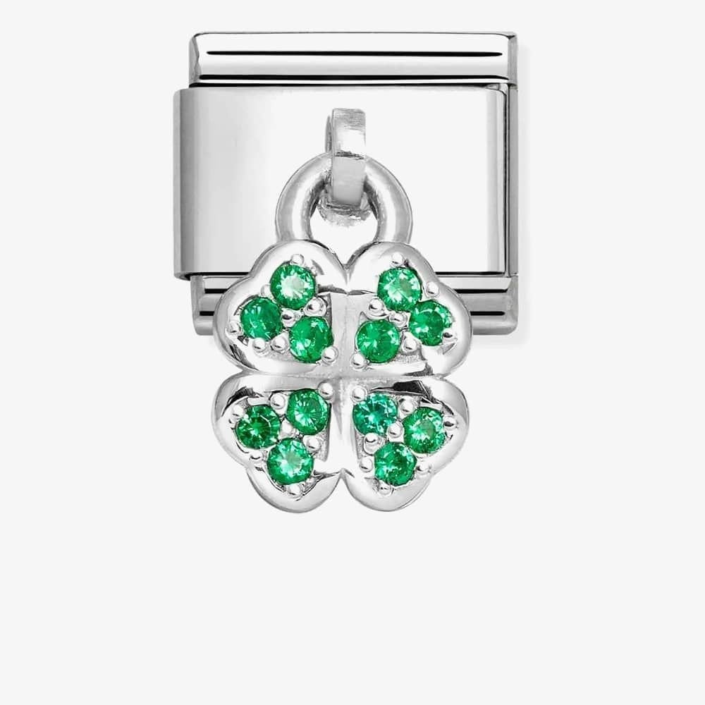 CLASSIC SILVERSHINE DROP 4 LEAF CLOVER CHARM WITH GREEN GEMSTONES