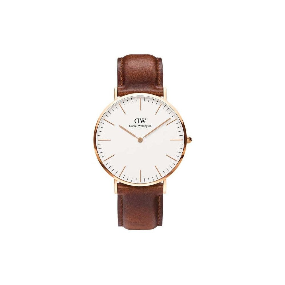 CLASSIC ST MAWES ROSE GOLD STAINLESS STEEL WATCH WITH BROWN LEATHER STRAP AND WHITE DIAL