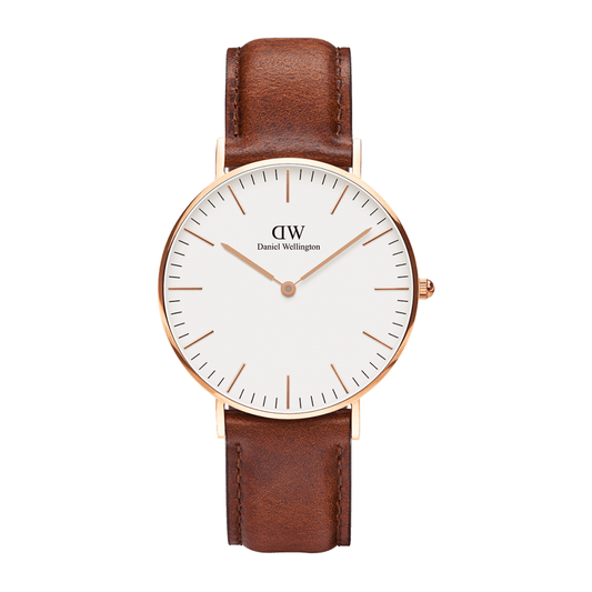 CLASSIC ST MAWES ROSE GOLD STAINLESS STEEL WATCH WITH BROWN LEATHER STRAP & WHITE DIAL