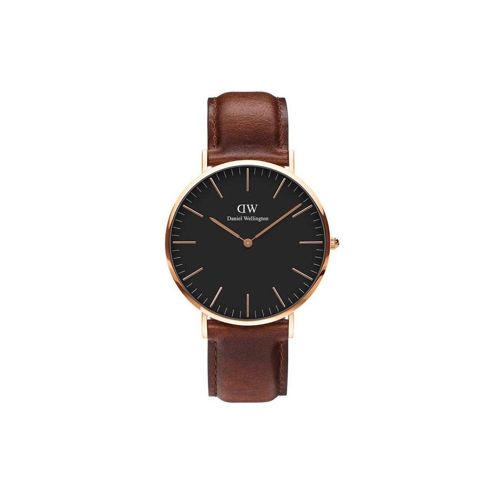 CLASSIC ST MAWES ROSE GOLD STAINLESS STEEL WATCH WITH BROWN STRAP & BLACK DIAL