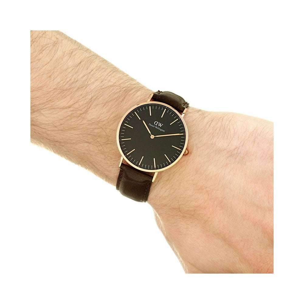 CLASSIC YORK 40MM ROSE GOLD STAINLESS STEEL WATCH WITH BLACK DIAL & BLACK LEATHER STRAP