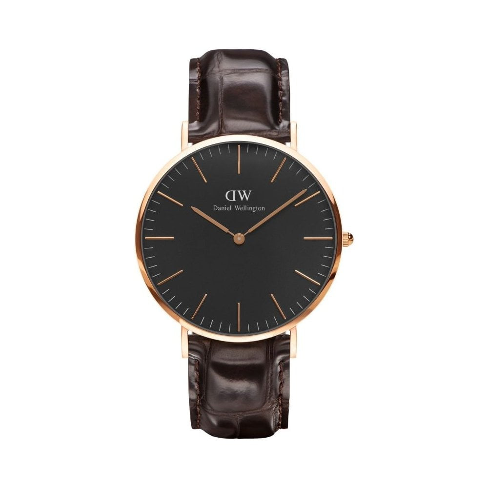 CLASSIC YORK 40MM ROSE GOLD STAINLESS STEEL WATCH WITH BLACK DIAL & BLACK LEATHER STRAP