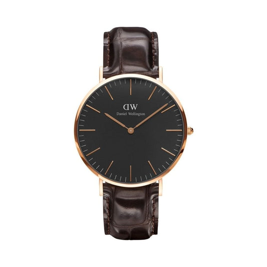 CLASSIC YORK 40MM ROSE GOLD STAINLESS STEEL WATCH WITH BLACK DIAL & BLACK LEATHER STRAP