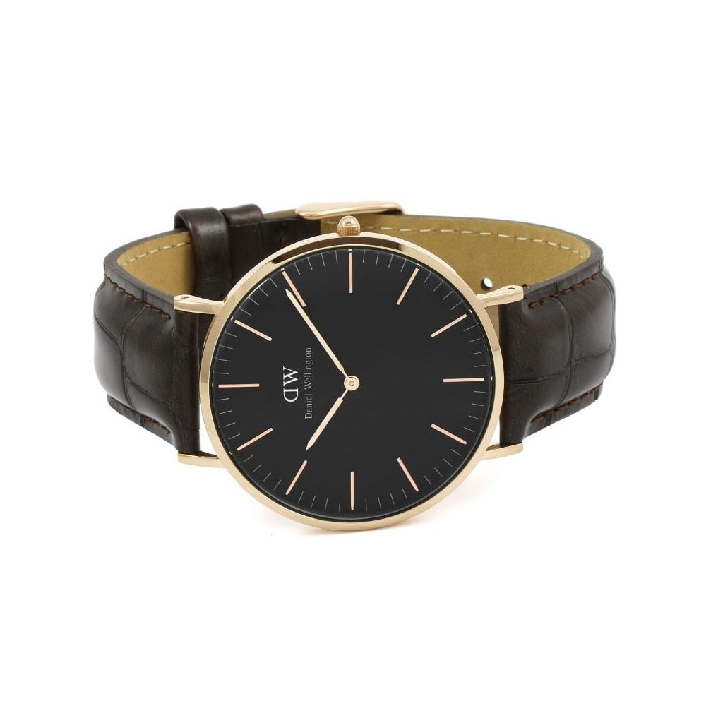CLASSIC YORK 40MM ROSE GOLD STAINLESS STEEL WATCH WITH BLACK DIAL & BLACK LEATHER STRAP