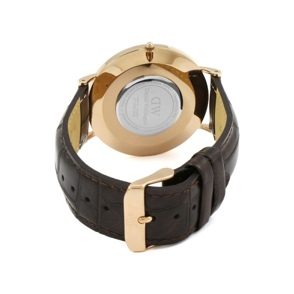 CLASSIC YORK 40MM ROSE GOLD STAINLESS STEEL WATCH WITH BLACK DIAL & BLACK LEATHER STRAP