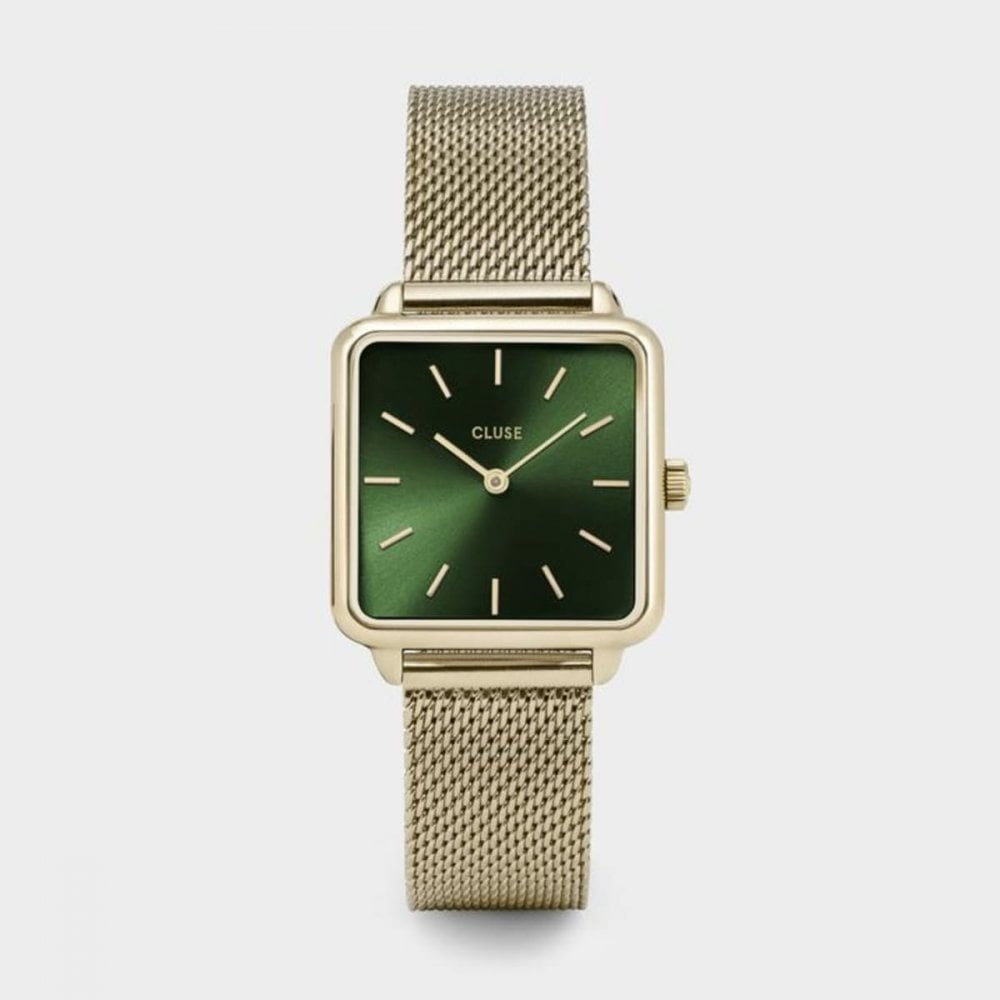CLUSE LA TÉTRAGONE MESH GOLD BRACELET WITH FOREST GREEN DIAL