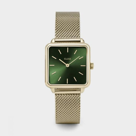CLUSE LA TÉTRAGONE MESH GOLD BRACELET WITH FOREST GREEN DIAL