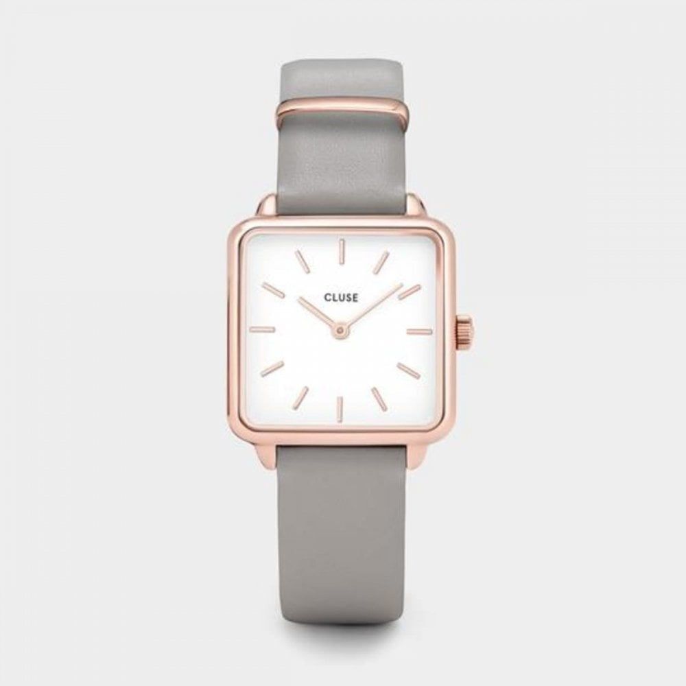 CLUSE LA TÉTRAGONE ROSE GOLD & WHITE FACE & GREY LEATHER STRAP