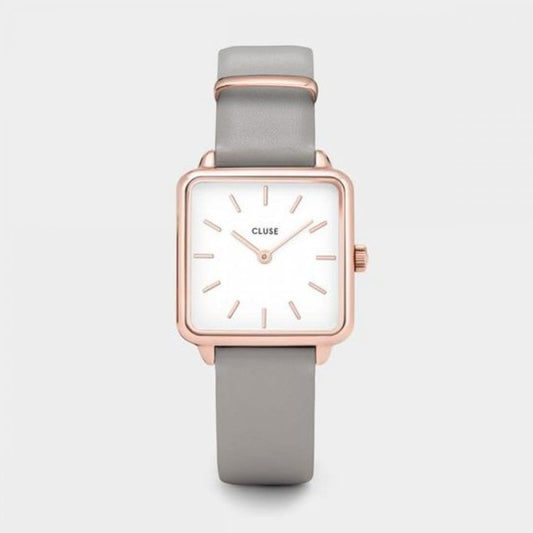 CLUSE LA TÉTRAGONE ROSE GOLD & WHITE FACE & GREY LEATHER STRAP