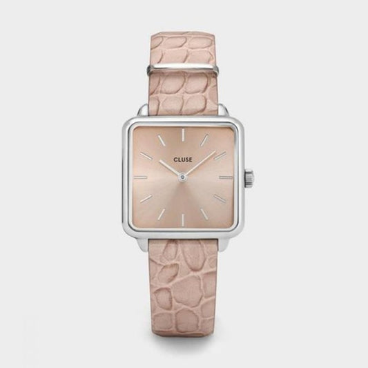 CLUSE LA TÉTRAGONE STAINLESS STEEL WATCH WITH SOFT ALMOND ALLIGATOR STRAP