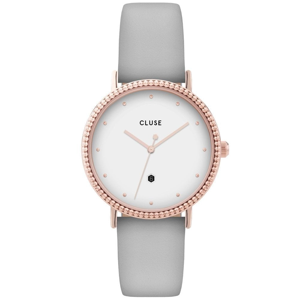 CLUSE LE COURONNEMENT ROSE GOLD & WHITE DIAL & SOFT GREY LEATHER STRAP