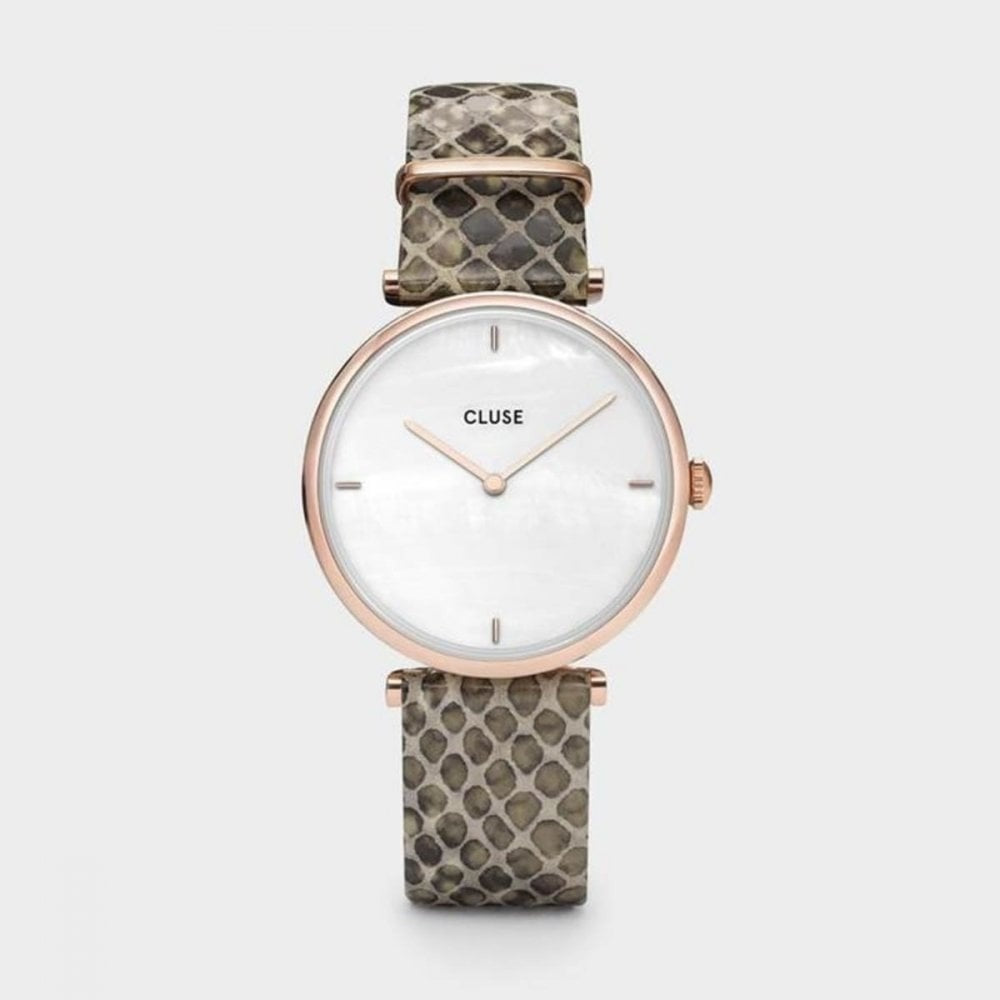 CLUSE TRIOMPHE ROSE GOLD WHITE PEARL DIAL AND SOFT ALMOND PYTHON STRAP