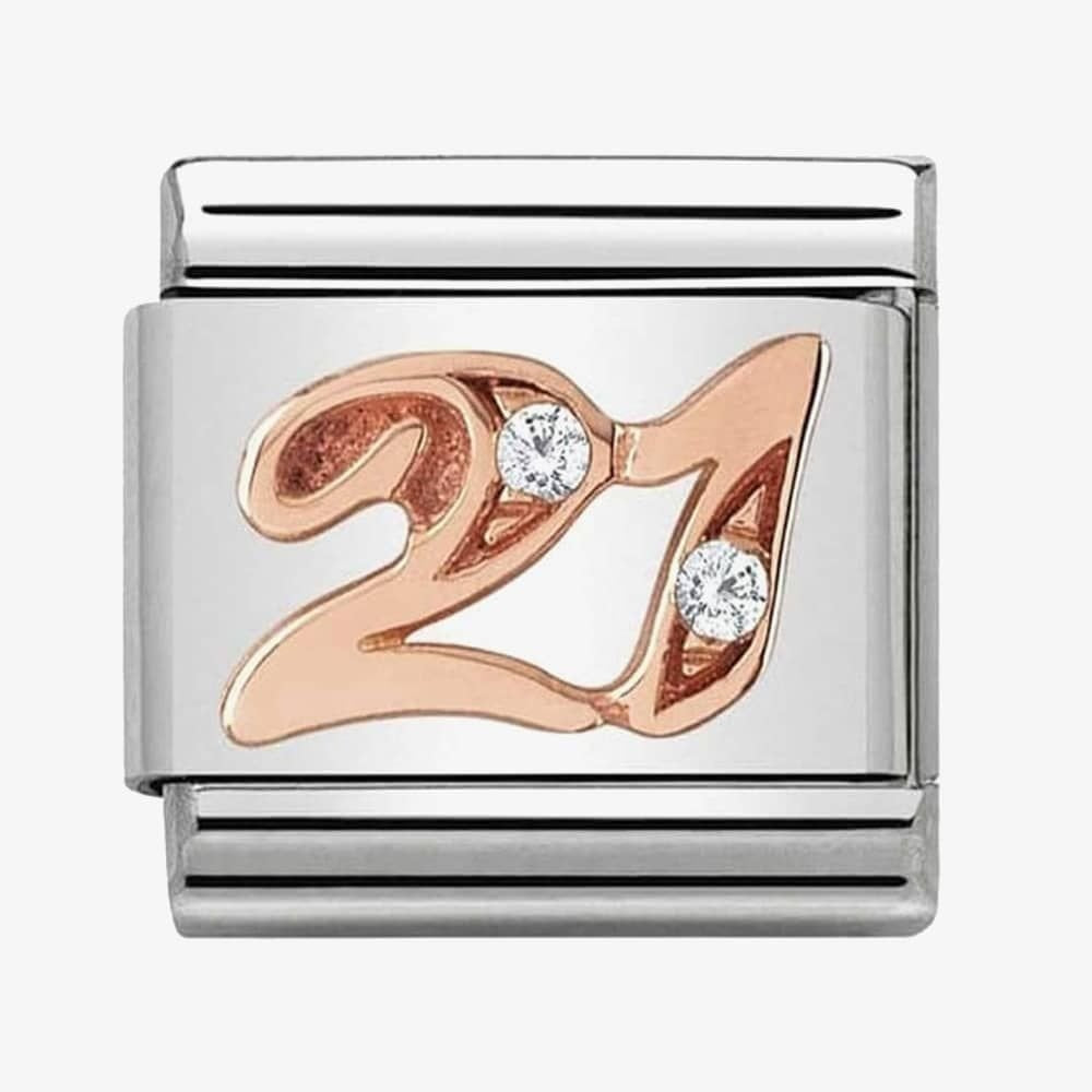 COMPOSABLE CLASSIC "21" LINK IN 9CT ROSE GOLD, STEEL & CUBIC ZIRCONIA