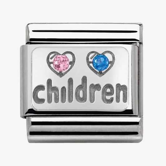 COMPOSABLE CLASSIC CHILDREN CHARM, PINK & BLUE CUBIC ZIRCONIA,  STAINLESS STEEL & SILVER