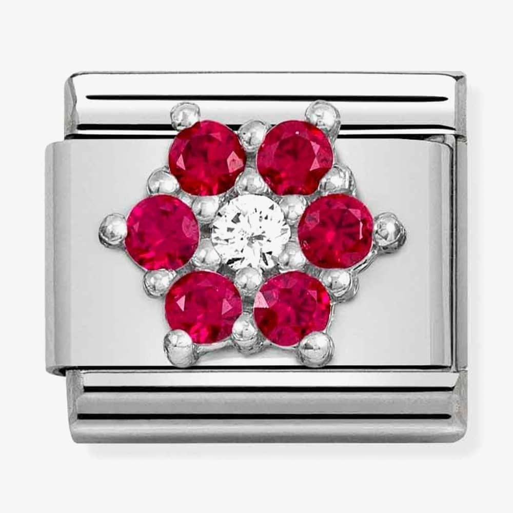 COMPOSABLE CLASSIC LINK, SILVER FLOWER WITH RED CZ CHARM