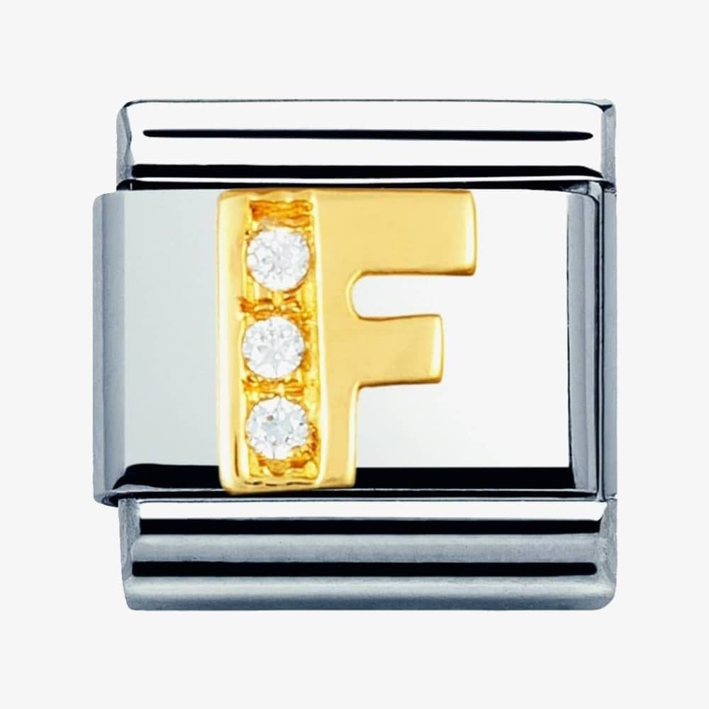 COMPOSABLE Classic LETTER F in stainless steel with 18k gold and Cubic Zirconia