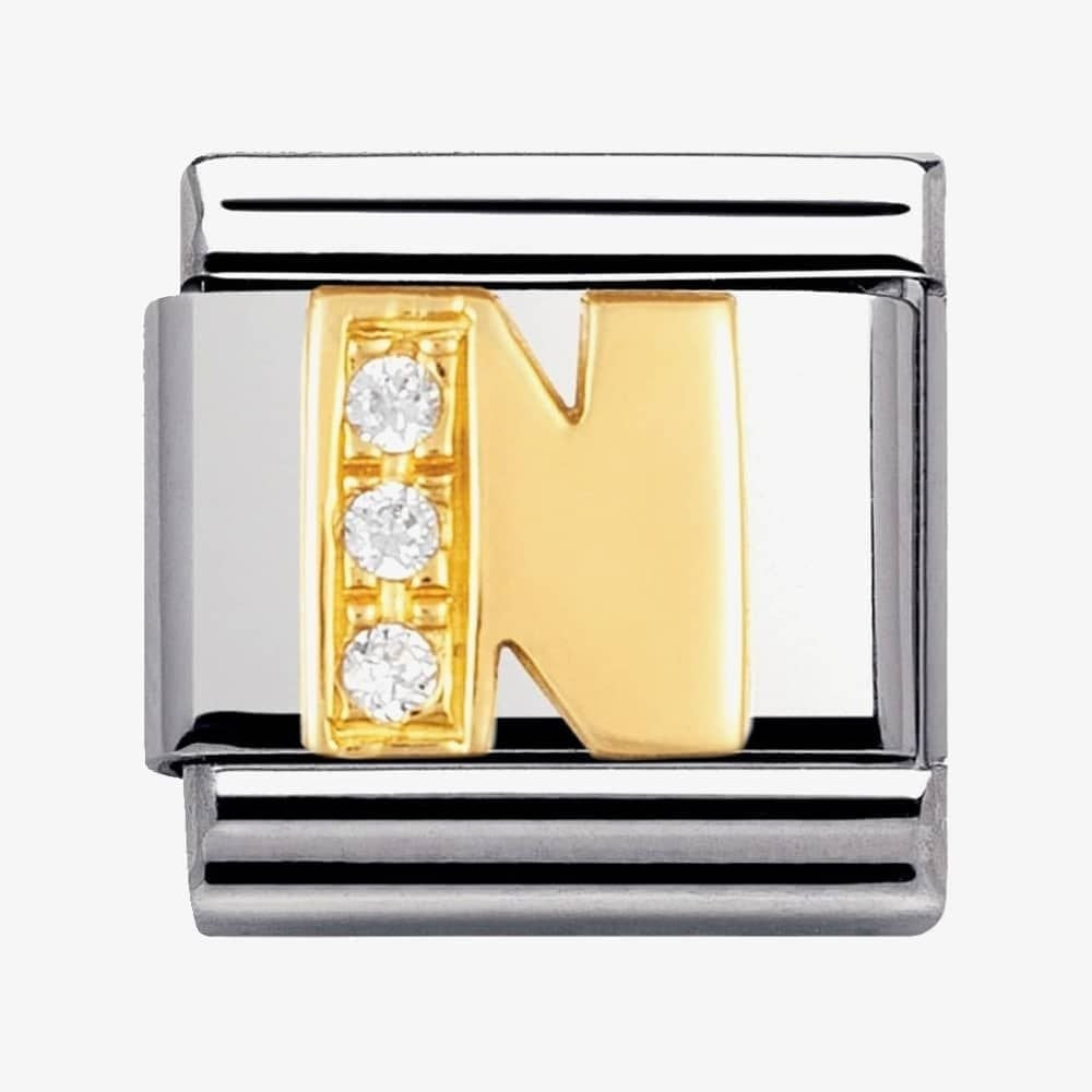 COMPOSABLE Classic LETTER N in stainless steel with 18k gold and Cubic Zirconia
