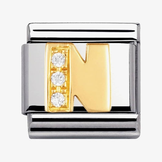 COMPOSABLE Classic LETTER N in stainless steel with 18k gold and Cubic Zirconia