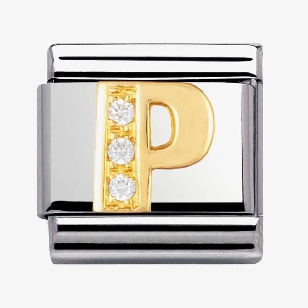 COMPOSABLE Classic LETTER P in stainless steel with 18k gold and Cubic Zirconia