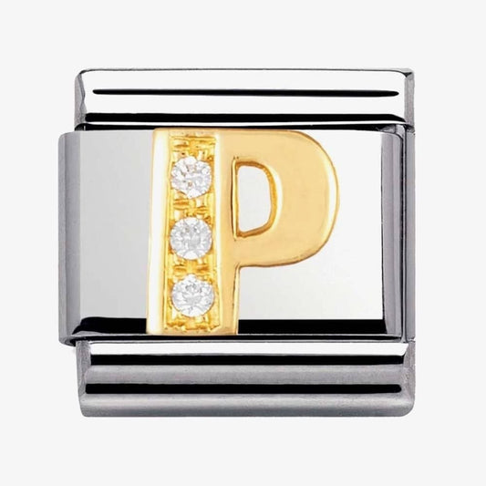 COMPOSABLE Classic LETTER P in stainless steel with 18k gold and Cubic Zirconia