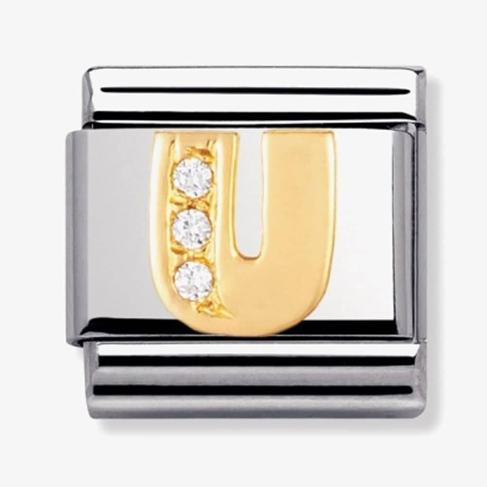 COMPOSABLE Classic LETTER U in stainless steel with 18k gold and Cubic Zirconia